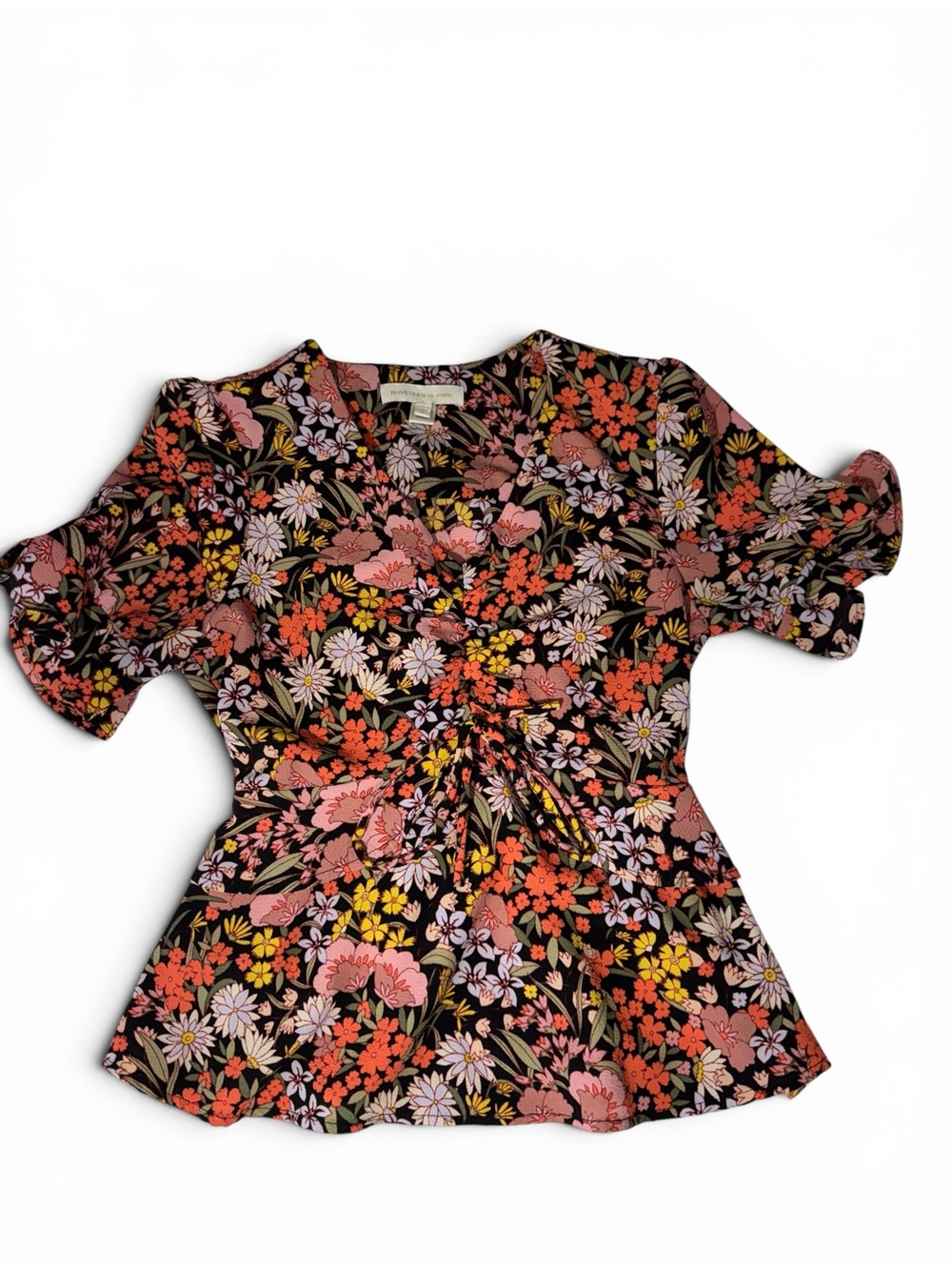 Monteau Los Angeles Womens Floral Peplum Blouse Tie Front Bell Sleeve Boho Top M